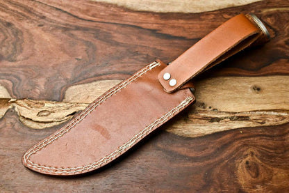 12.5" Handmade Damascus Steel Bowie Hunting Knife – Camel Bone & Wood Handle