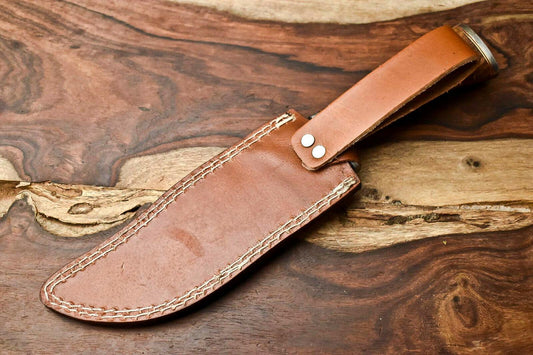 12.5" Handmade Damascus Steel Bowie Hunting Knife – Camel Bone & Wood Handle