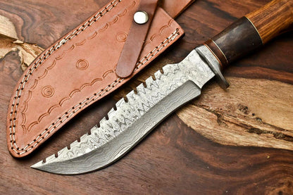 12.5" Handmade Damascus Steel Bowie Hunting Knife – Camel Bone & Wood Handle