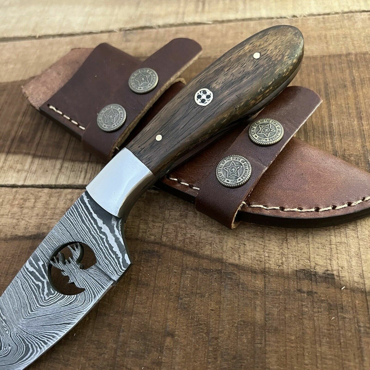8.5 Inch Hand Forged Damascus Bowie Knife with Wood Handle