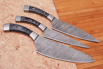 Custom Japanese Damascus Chef Knife Set – Full Tang, Hand Forged with Leather Case