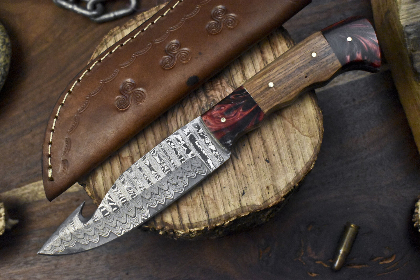 9.5" Gut Hook Skinner Knife Ladder Damascus Walnut Wood Hunting Blade
