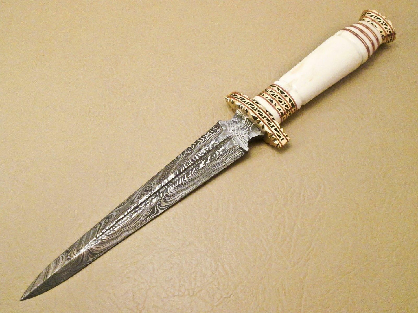 13.5 Inch Damascus Steel Hunting Dagger with Camel Bone Handle