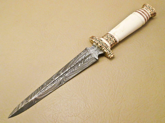 13.5 Inch Damascus Steel Hunting Dagger with Camel Bone Handle