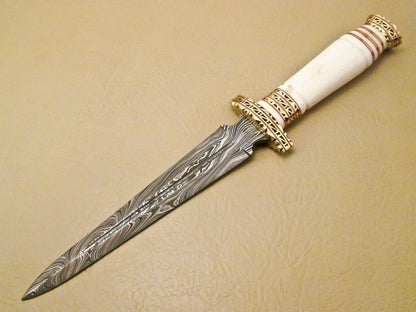 13.5 Inch Damascus Steel Hunting Dagger with Camel Bone Handle