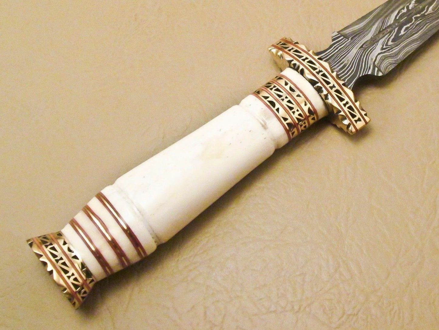 13.5 Inch Damascus Steel Hunting Dagger with Camel Bone Handle