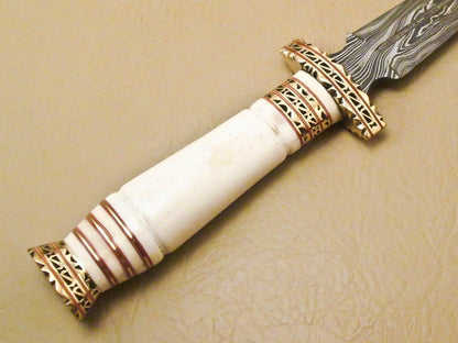 13.5 Inch Damascus Steel Hunting Dagger with Camel Bone Handle