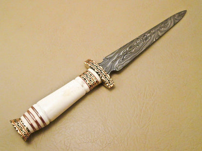 13.5 Inch Damascus Steel Hunting Dagger with Camel Bone Handle
