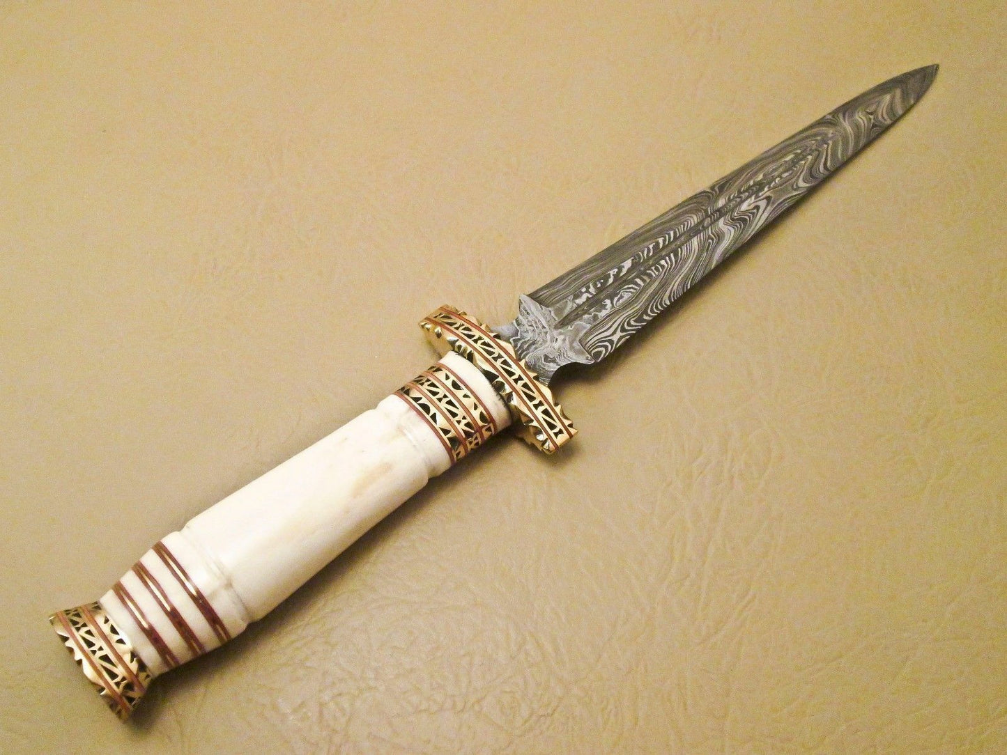 13.5 Inch Damascus Steel Hunting Dagger with Camel Bone Handle