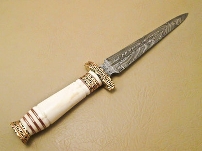13.5 Inch Damascus Steel Hunting Dagger with Camel Bone Handle