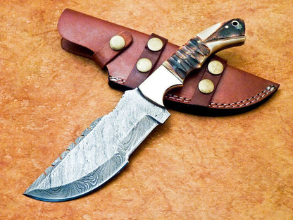 10" Handmade Damascus Steel Tracker Bowie Knife – Full Tang, Camel Bone Handle