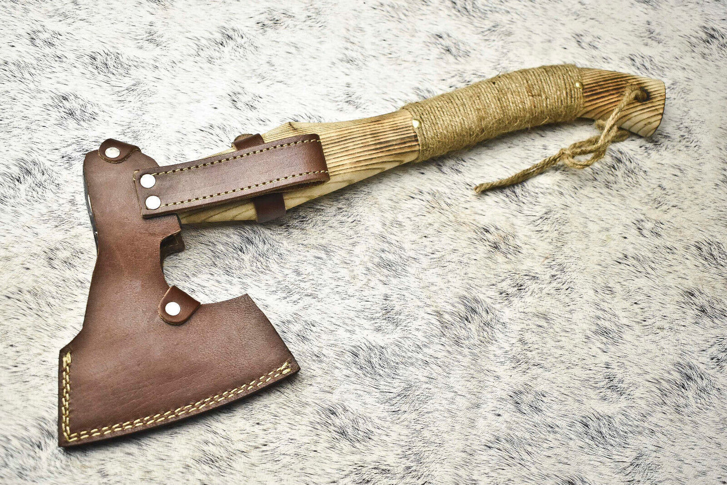 Custom Handmade Forged Viking Bearded Axe with Natural Wood Handle and Leather Sheath