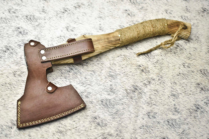 Custom Handmade Forged Viking Bearded Axe with Natural Wood Handle and Leather Sheath