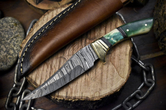 Twist Damascus Skinner Knife with Bone Handle and Brass Guard – Handmade Hunting and Skinning Blade