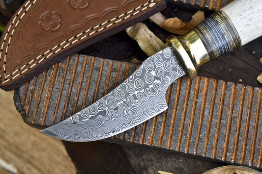 Custom Rain Drop Damascus Skinner Knife – Bone & Wood Handle with Brass Guard and Leather Sheath
