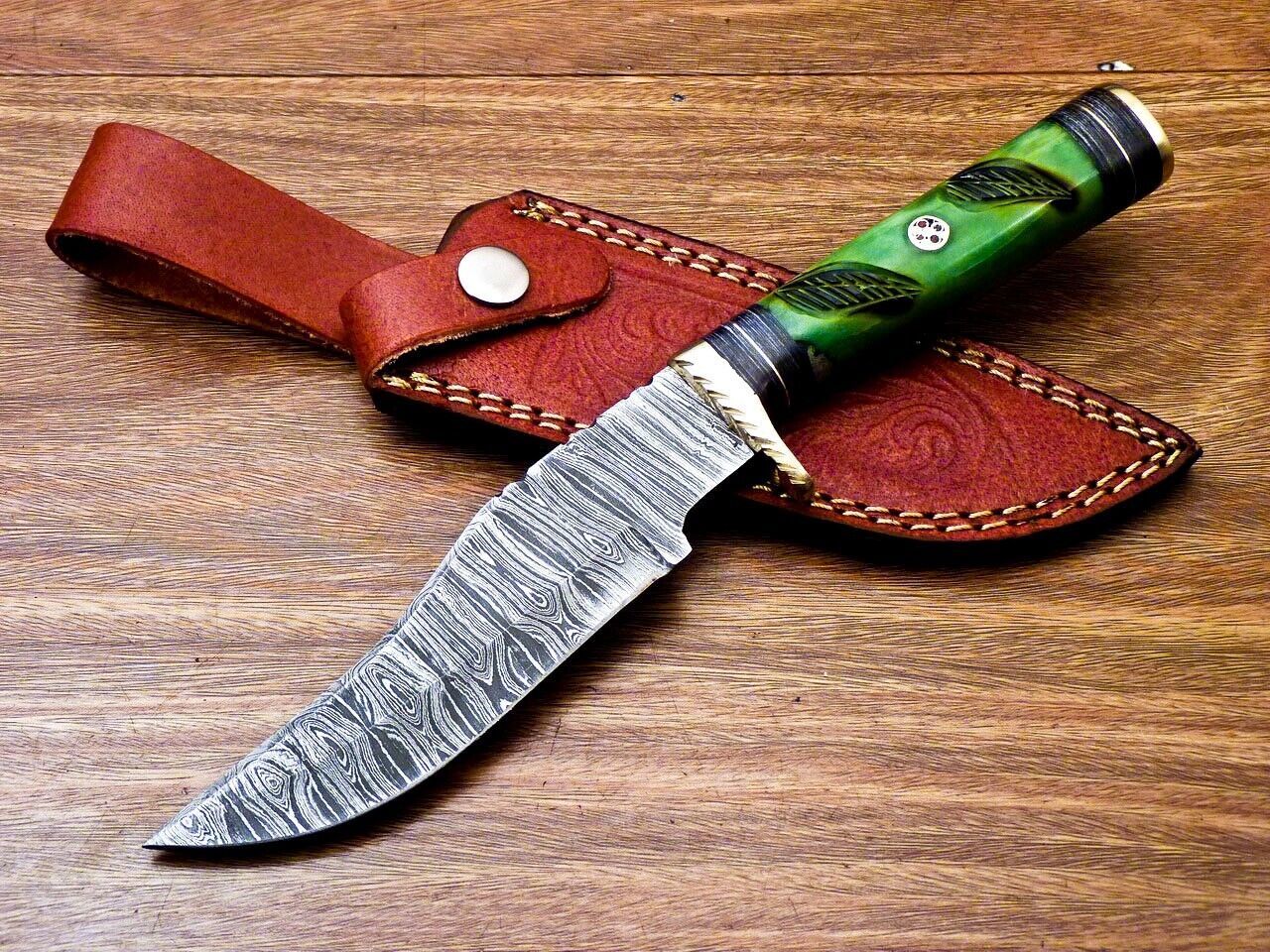 10" Handmade Damascus Steel Bowie Hunting Knife – Engraved Camel Bone & Hardwood Handle