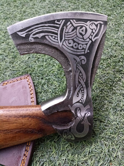 Hand Forged High Carbon Steel Viking Battle Axe with Ash Wood and Leather Handle