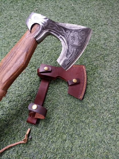 Hand Forged High Carbon Steel Viking Battle Axe with Ash Wood and Leather Handle