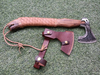 Hand Forged High Carbon Steel Viking Battle Axe with Ash Wood and Leather Handle