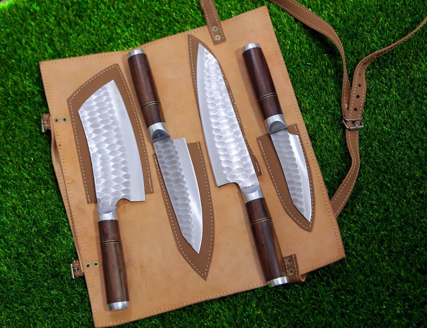 4 Pcs Handmade D2 Steel Chef Knife Set | Custom Kitchen Knives with Sheath