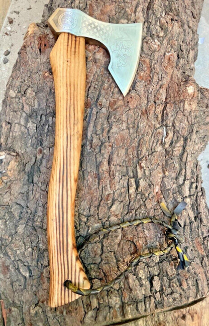 Hand Forged Replica Viking Axe with Etched Carbon Steel Head and Durable Wooden Handle for Camping and Bushcraft