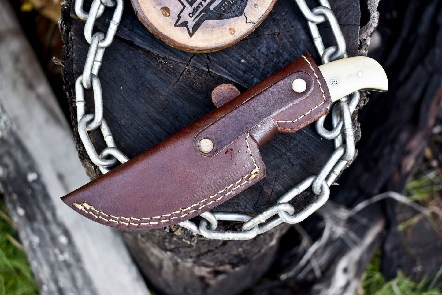 Custom Hand Forged Skinner Knife Twist Damascus Bone and Wood Outdoor