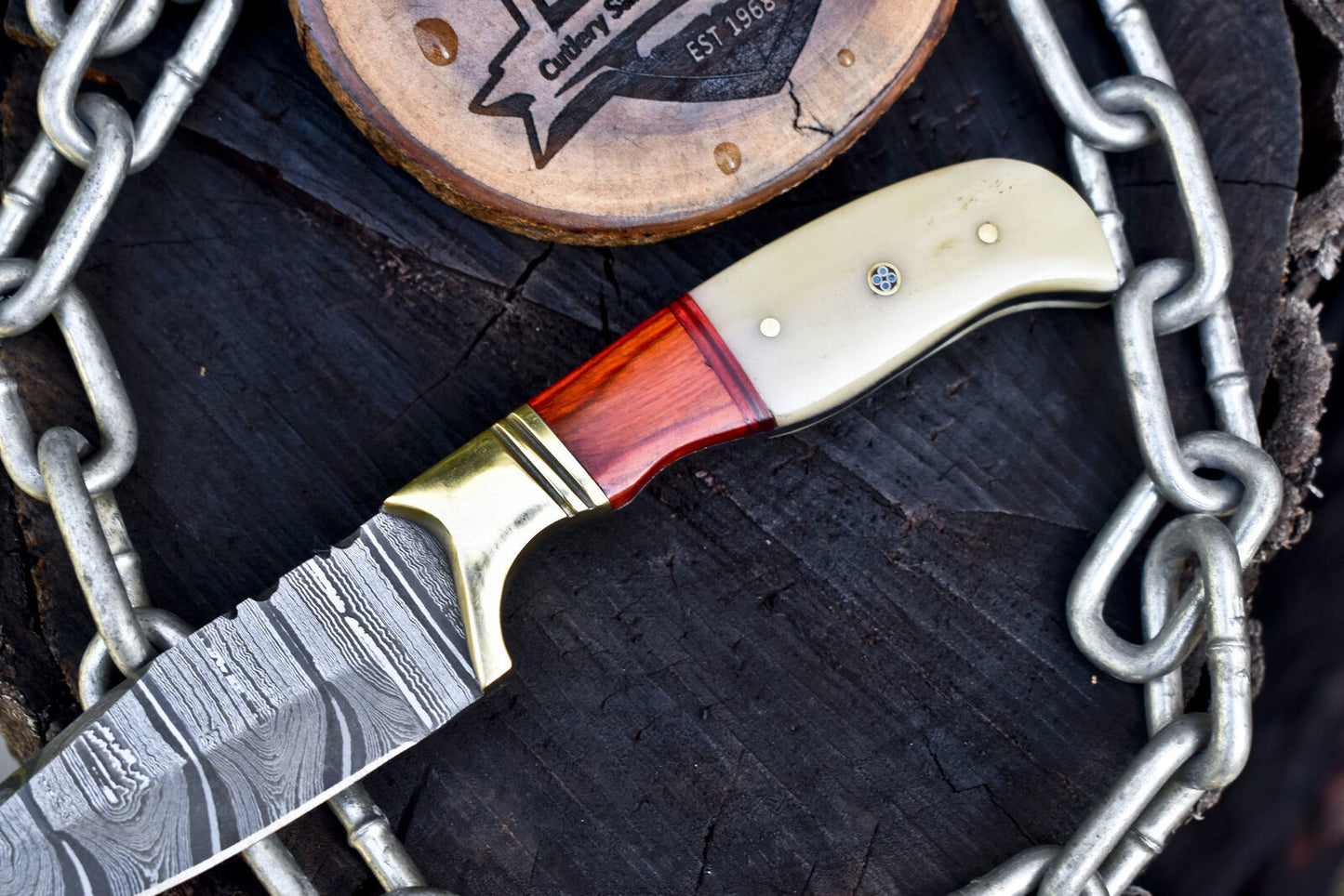 Custom Hand Forged Skinner Knife Twist Damascus Bone and Wood Outdoor