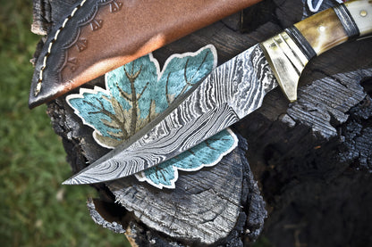 Twist Damascus Steel Skinner Knife with Bone Handle and Brass Guard – Hand-Forged Hunting Gift with Leather Sheath