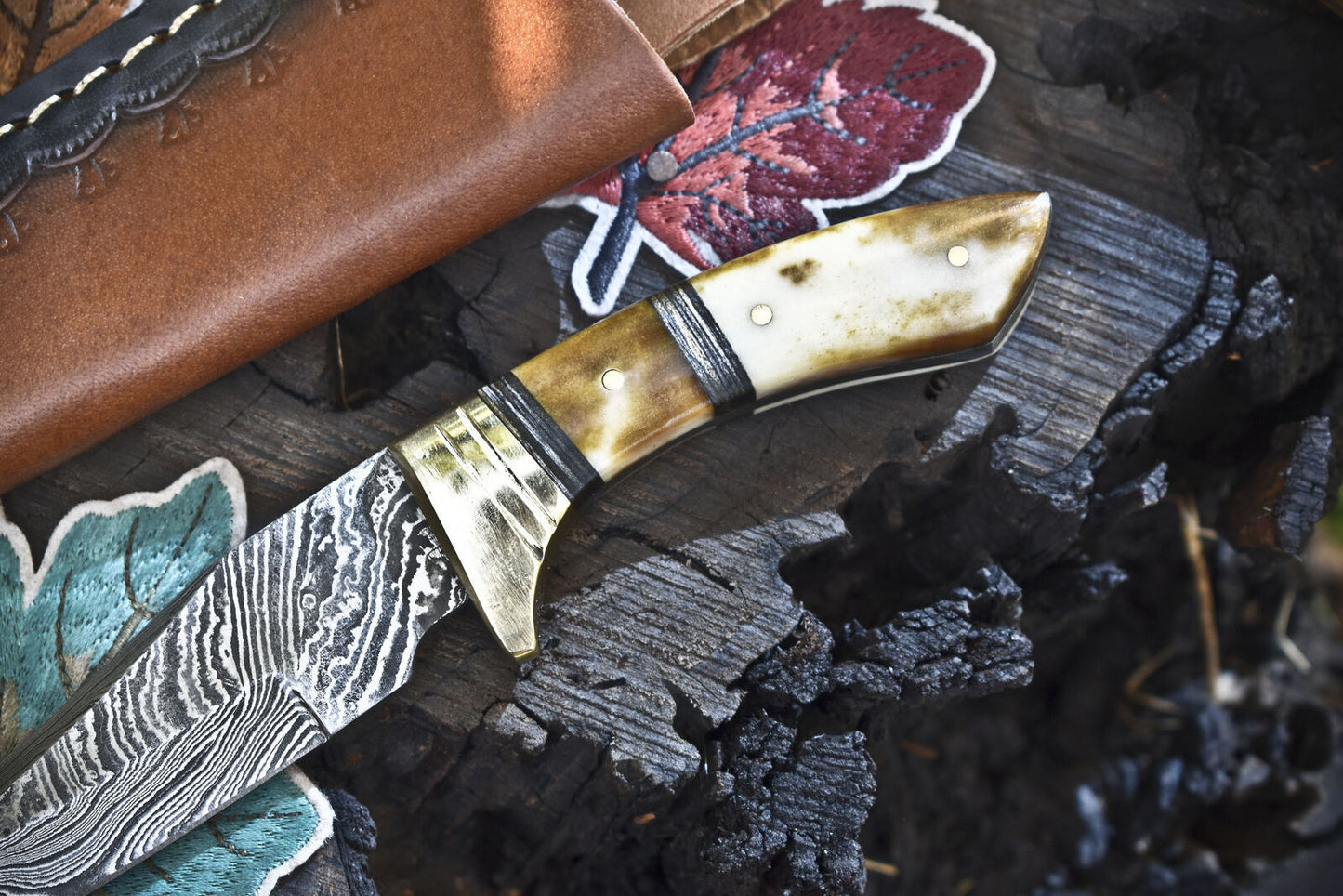 Twist Damascus Steel Skinner Knife with Bone Handle and Brass Guard – Hand-Forged Hunting Gift with Leather Sheath