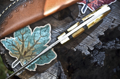 Custom Skinner Knife Twist Damascus Bone Brass Guard Handmade Hunting Gift w/ Leather Sheath