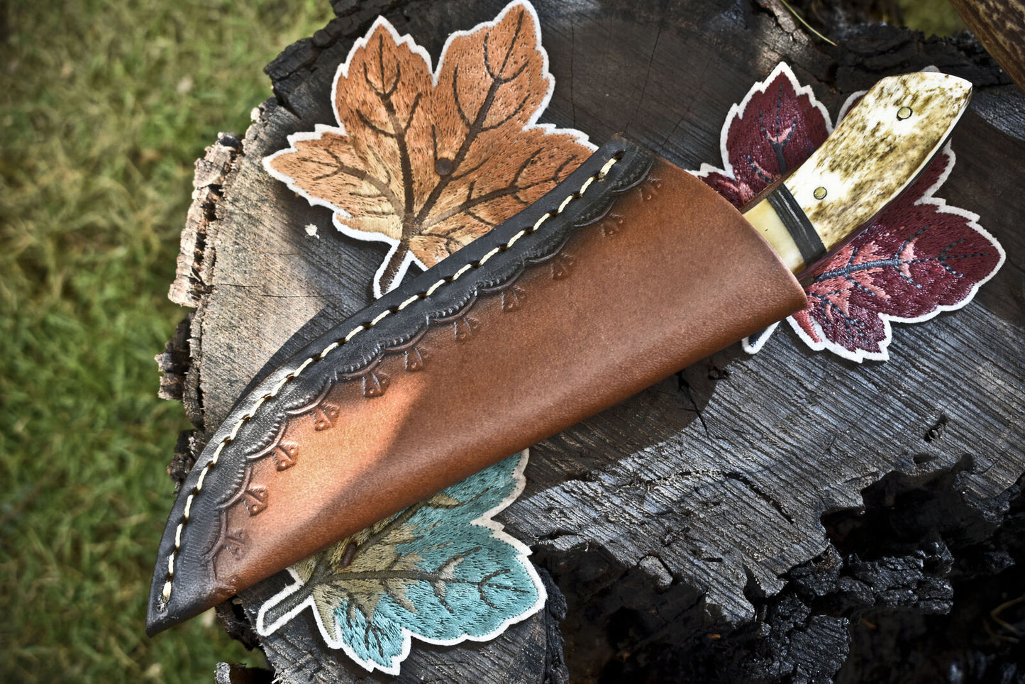 Custom Skinner Knife Twist Damascus Bone Brass Guard Handmade Hunting Gift w/ Leather Sheath