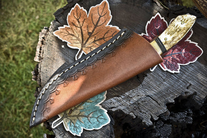 Custom Skinner Knife Twist Damascus Bone Brass Guard Handmade Hunting Gift w/ Leather Sheath