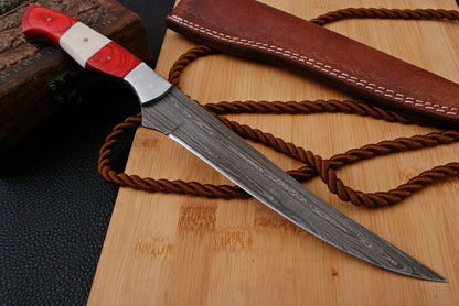 12.5" Damascus Fillet Knife Custom Handmade Twist Damascus Steel Fillet Knife with Leather Sheath