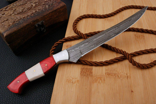 12.5" Damascus Fillet Knife Custom Handmade Twist Damascus Steel Fillet Knife with Leather Sheath