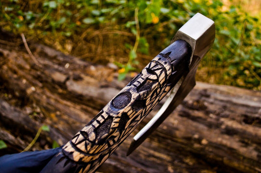 Custom Handmade Viking Axe – Carbon Steel Bearded Tomahawk with Ash Wood Handle and Leather Sheath