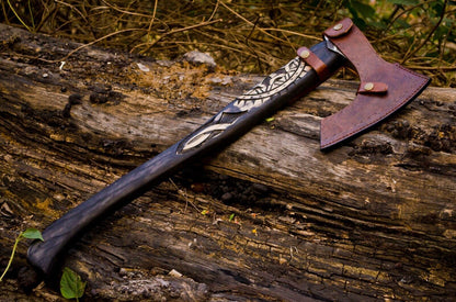 Custom Handmade Viking Axe – Carbon Steel Bearded Tomahawk with Ash Wood Handle and Leather Sheath