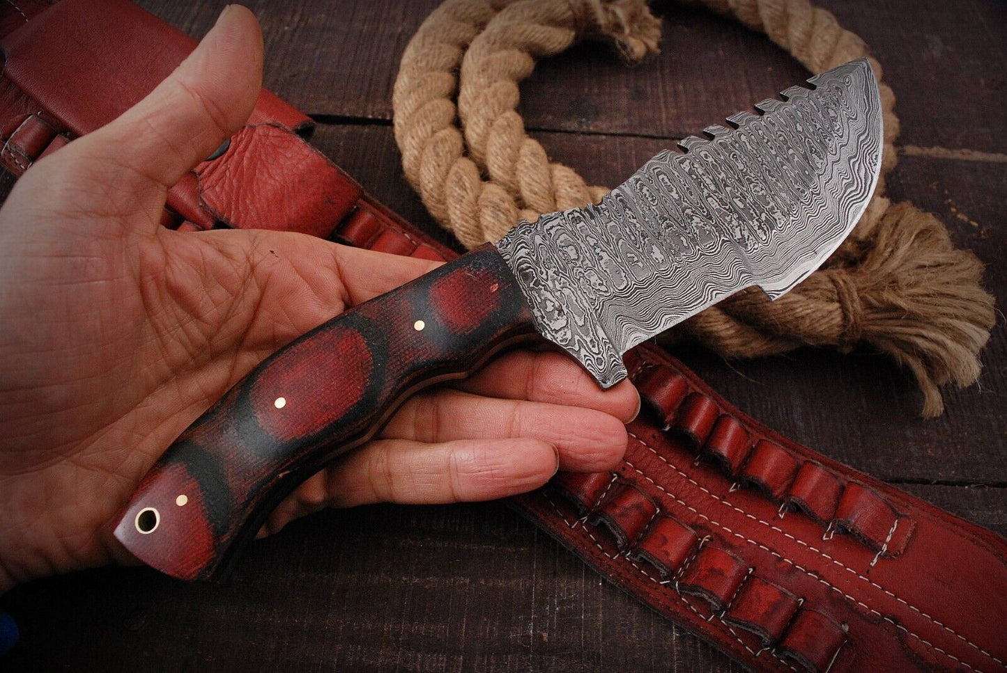 10" Handmade Damascus Steel Full Tang Tracker Knife – Survival, Hunting, Camping, Bushcraft Bowie with Olive Wood Handle & Leather Sheath