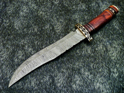 Authentic 15" Handmade Damascus Bowie Hunting Knife – Natural Wood Handle