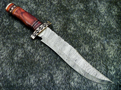 Authentic 15" Handmade Damascus Bowie Hunting Knife – Natural Wood Handle