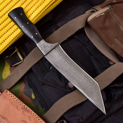 Custom Handmade Damascus Steel Tanto Knife – Hunting Fixed Blade with Leather Sheath