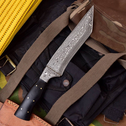Custom Handmade Damascus Steel Tanto Knife – Hunting Fixed Blade with Leather Sheath