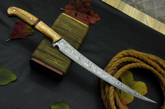 Custom Damascus Fillet Knife Handmade Damascus Steel Knife Olive & Walnut Handle