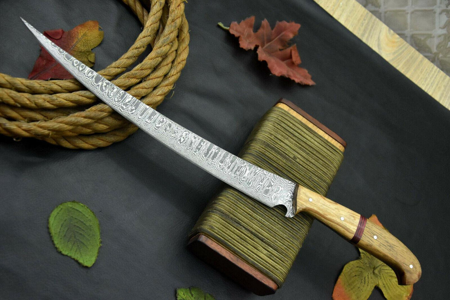 Custom Damascus Fillet Knife Handmade Damascus Steel Knife Olive & Walnut Handle