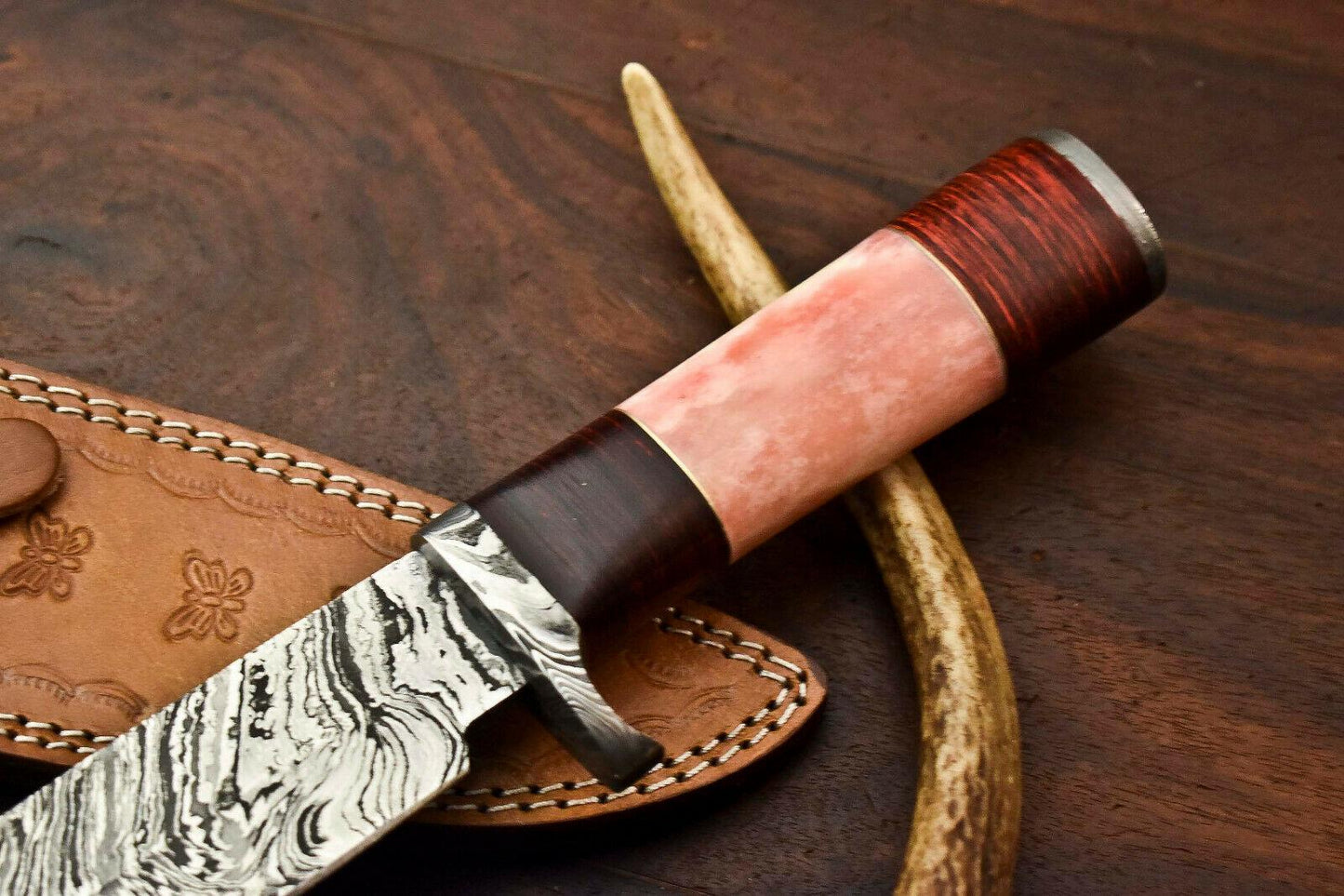 14" Handmade Damascus Bowie Knife – Camel Bone Handle, Premium Leather Sheath