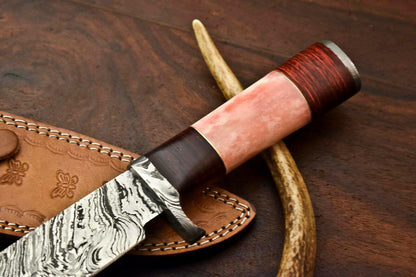 14" Handmade Damascus Bowie Knife – Camel Bone Handle, Premium Leather Sheath