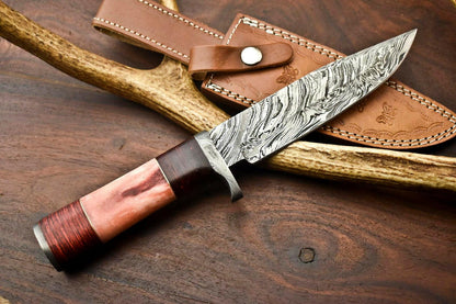 14" Handmade Damascus Bowie Knife – Camel Bone Handle, Premium Leather Sheath