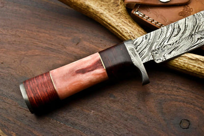 14" Handmade Damascus Bowie Knife – Camel Bone Handle, Premium Leather Sheath