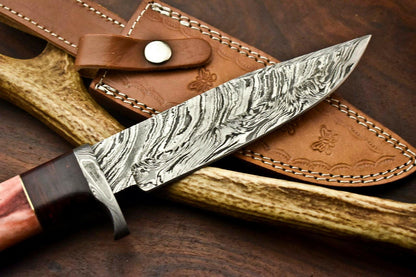 14" Handmade Damascus Bowie Knife – Camel Bone Handle, Premium Leather Sheath