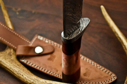 14" Handmade Damascus Bowie Knife – Camel Bone Handle, Premium Leather Sheath