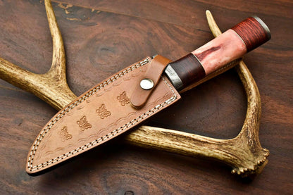 14" Handmade Damascus Bowie Knife – Camel Bone Handle, Premium Leather Sheath